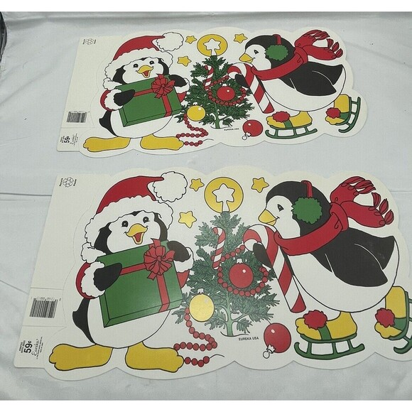 Vintage Eureka 2 Penguins Die Cut Christmas Decorations Double Sided 15” X 8” - Picture 1 of 12